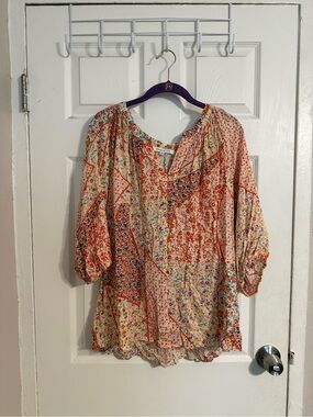 Rose & Olive Patchwork Floral Boho Tunic - Pink & Orange